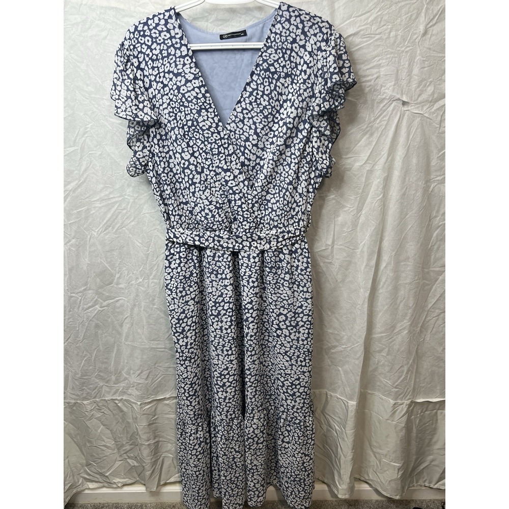 Prettygarden Blue White Leopard Print Wrap Maxi Dress V-Neck Belted Ruffle - Picture 4 of 7